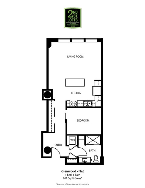 Floor plan for 1 bed, 1 bath, 761 sqft